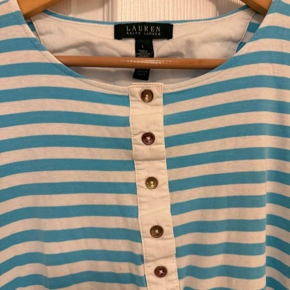 Like New Vintage Lauren Ralph Lauren Blue Striped Elbow-Sleeve Henley Top - Picture 3 of 4